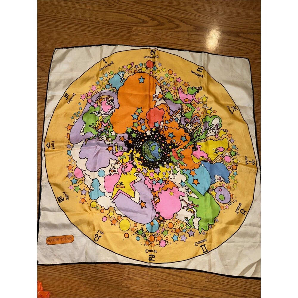 Vtg Peter Max Zodiac Astrology Silk Scarf 21x21” 60s Psychedelic Retro Hippie